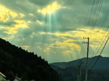 坂井の空に、光の柱が降りた夕方